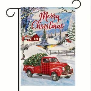 Brand New Merry Christmas Western Red Farm Truck Garden Flag Decoration